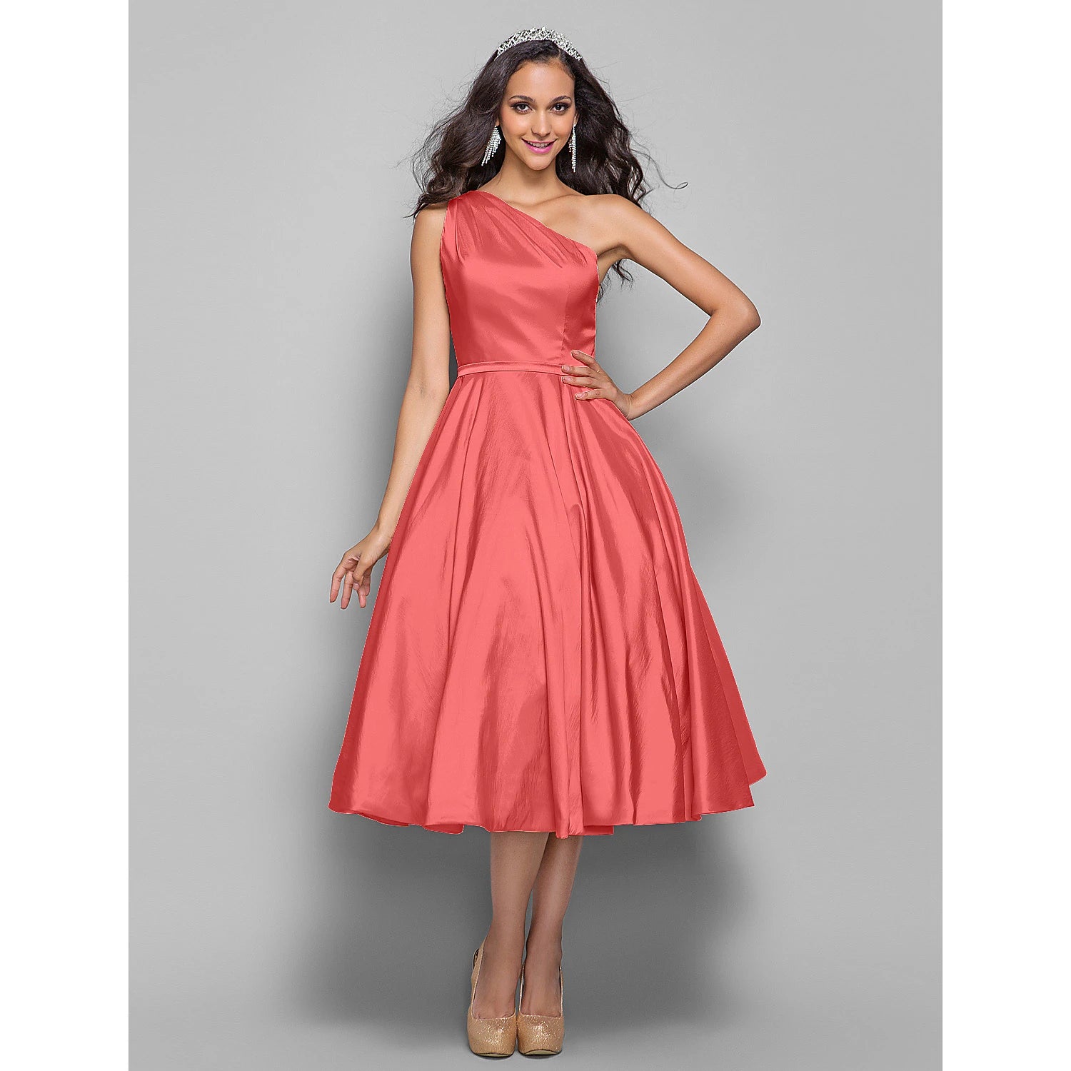 Abito da sposa elegante e minimalista a trapezio, con una spalla, senza maniche, lunghezza tè, in taffetà, con fascia/nastro